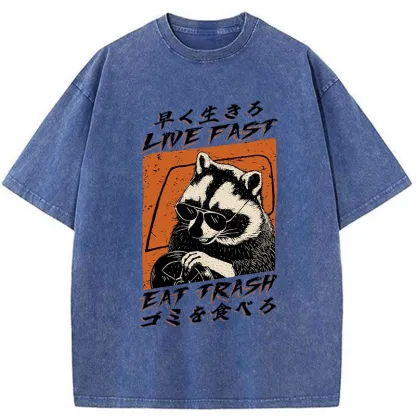 Tokyo-Assassin Raccoon Live Fast Eat Trash Washed T-Shirt-Tokyo-Assassin