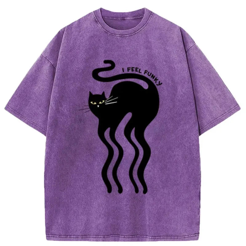 Tokyo-Assassin Wave Funny Cat Washed T-Shirt-Tokyo-Assassin