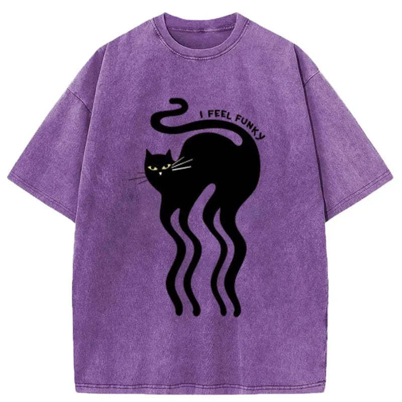 Tokyo-Assassin Wave Funny Cat Washed T-Shirt-Tokyo-Assassin