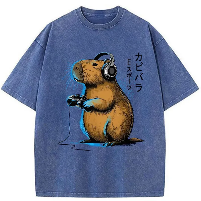 Tokyo-Assassin Capybara Playing E-sports Washed T-Shirt-Tokyo-Assassin