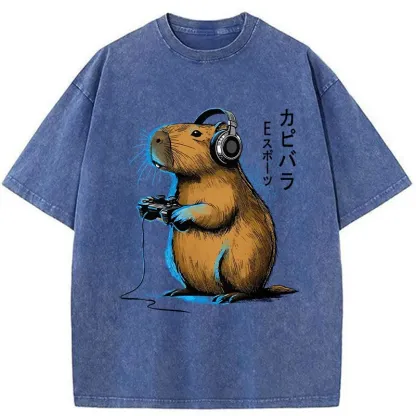 Tokyo-Assassin Capybara Playing E-sports Washed T-Shirt-Tokyo-Assassin