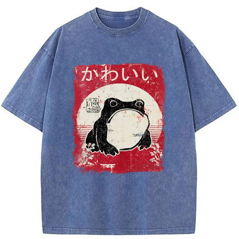 Tokyo-Assassin Woodblock Print Grumpy Frog Washed T-Shirt-Tokyo-Assassin