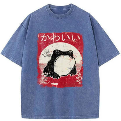 Tokyo-Assassin Woodblock Print Grumpy Frog Washed T-Shirt-Tokyo-Assassin