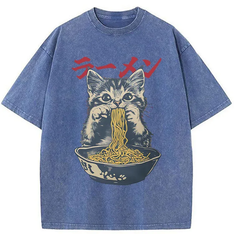 Tokyo-Assassin Cute Cat Is Eating Ramen Washed T-Shirt-Tokyo-Assassin
