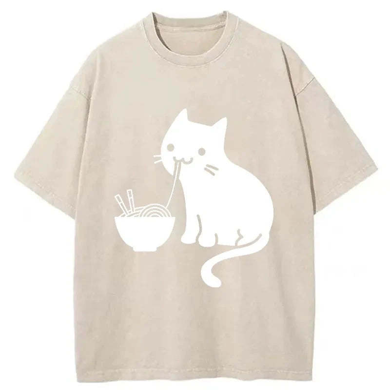 Tokyo-Assassin Cat Eating Ramen Japan Washed T-Shirt-Tokyo Assassin
