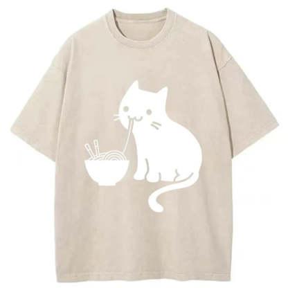 Tokyo-Assassin Cat Eating Ramen Japan Washed T-Shirt-Tokyo Assassin