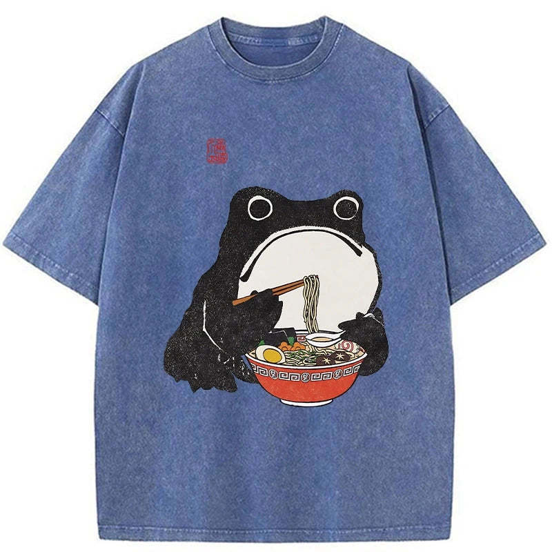 Tokyo-Assassin Funny Frog Eating Ramen Washed T-Shirt-Tokyo-Assassin