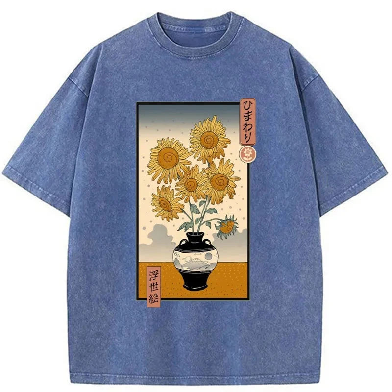Tokyo-Assassin Sunflowers Ukiyo-e Washed T-Shirt-Tokyo-Assassin