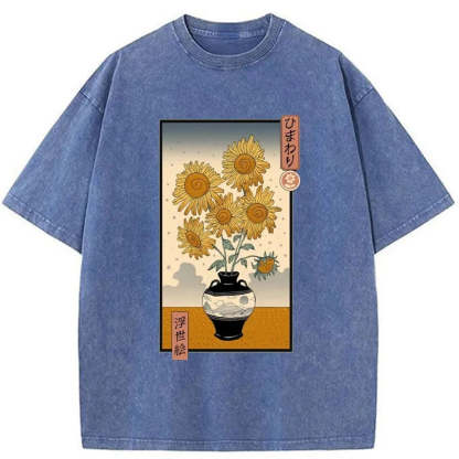 Tokyo-Assassin Sunflowers Ukiyo-e Washed T-Shirt-Tokyo-Assassin