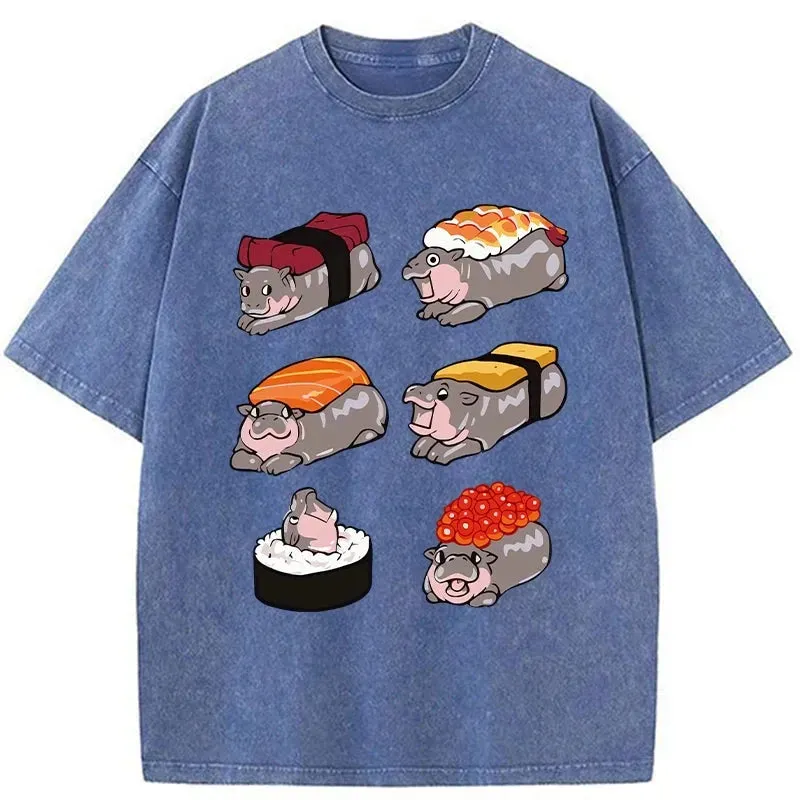 Tokyo-Assassin Cute Hippo Sushi Washed T-Shirt-Tokyo Assassin
