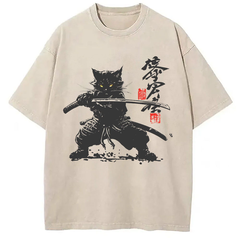 Tokyo-Assassin Samurai Cat Japanese Washed T-Shirt-Tokyo Assassin