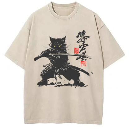 Tokyo-Assassin Samurai Cat Japanese Washed T-Shirt-Tokyo Assassin
