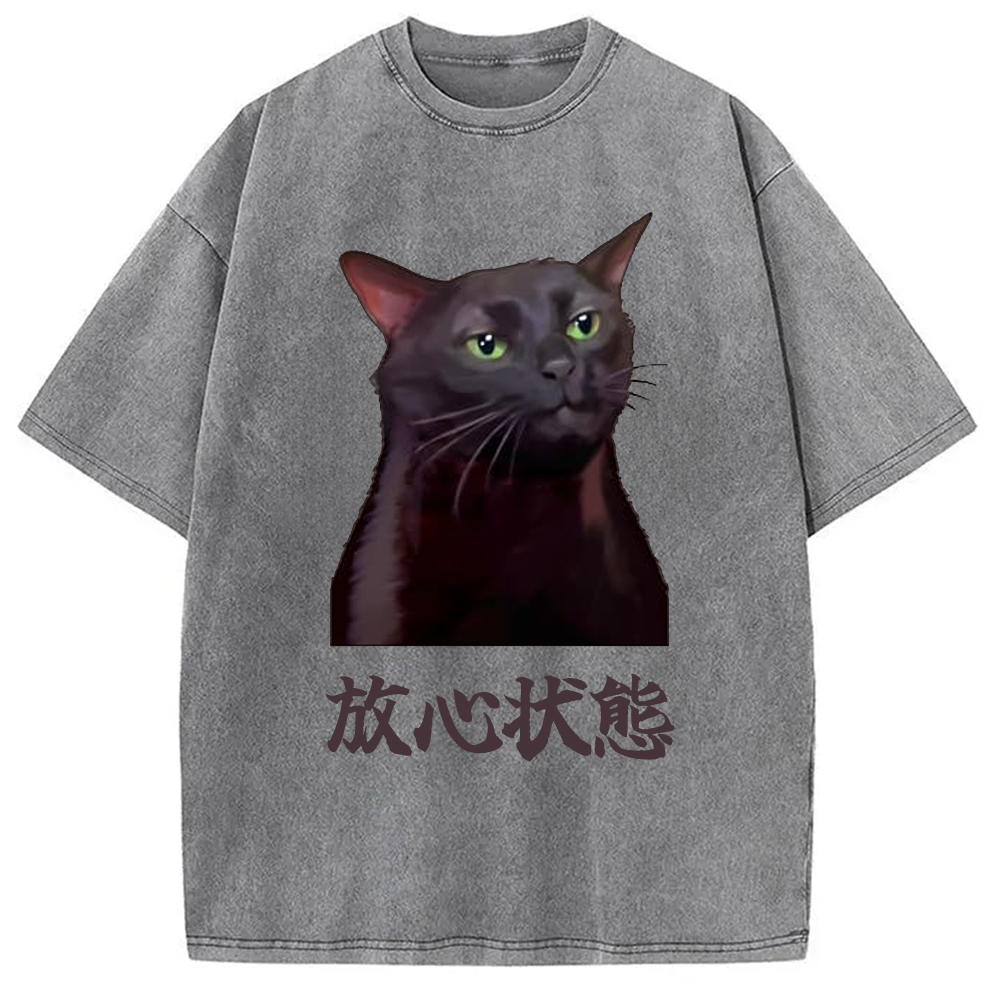 Tokyo-Assassin Black Cat Zoning Out Meme Washed T-Shirt-Tokyo-Assassin