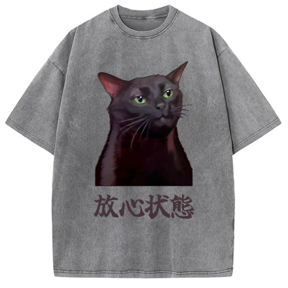 Tokyo-Assassin Black Cat Zoning Out Meme Washed T-Shirt-Tokyo-Assassin
