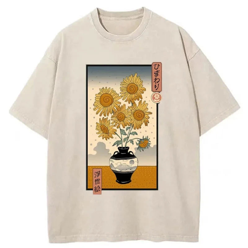 Tokyo-Assassin Sunflowers Ukiyo-e Washed T-Shirt-Tokyo-Assassin