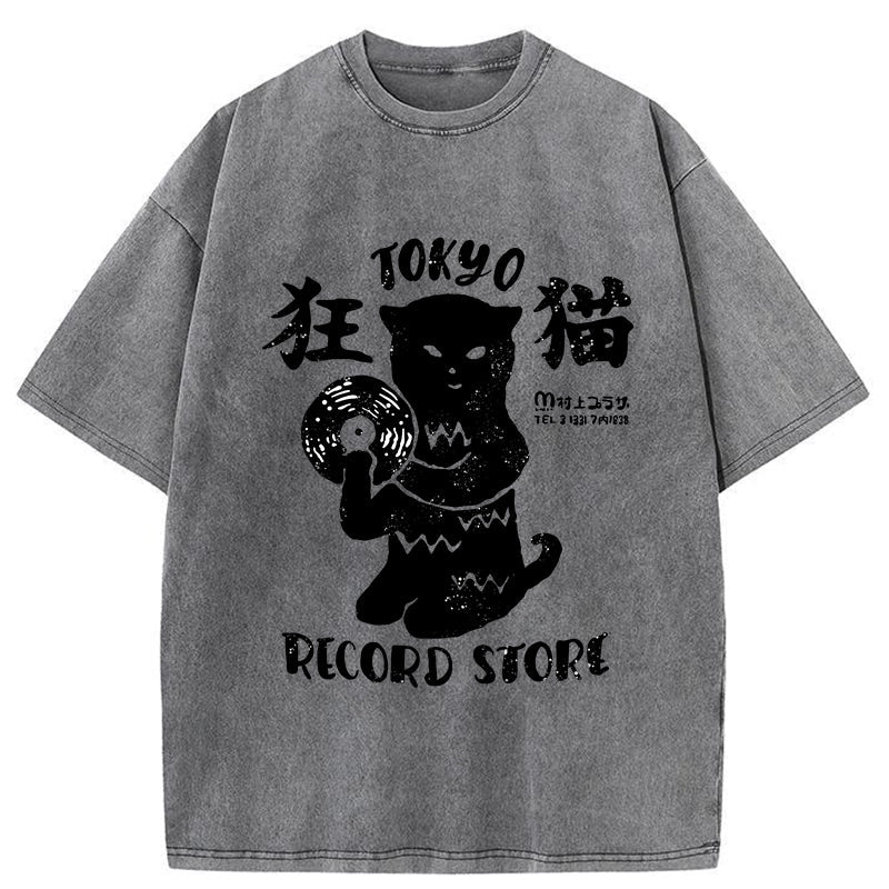 Tokyo-Assassin Tokyo Record Store Cat CD Washed T-Shirt-Tokyo-Assassin