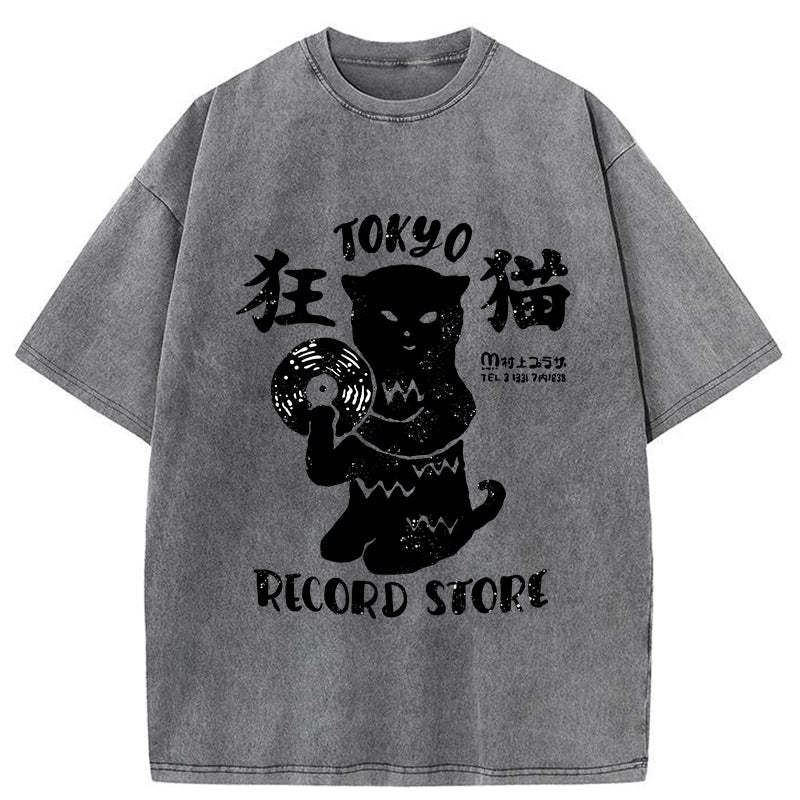 Tokyo-Assassin Tokyo Record Store Cat CD Washed T-Shirt-Tokyo-Assassin