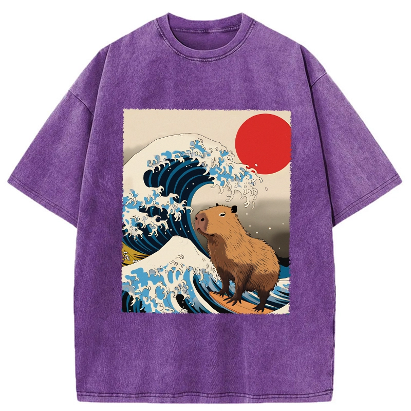 Tokyo-Assassin Funny Capybara Surfing Washed T-Shirt-Tokyo-Assassin