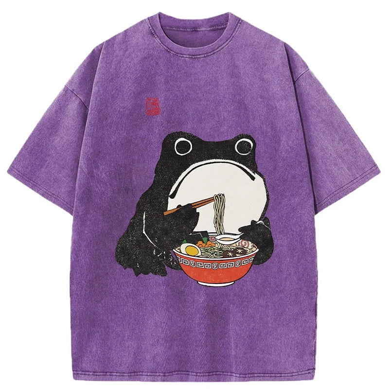 Tokyo-Assassin Funny Frog Eating Ramen Washed T-Shirt-Tokyo-Assassin