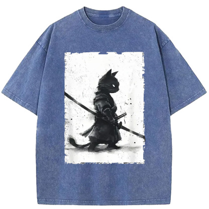 Tokyo-Assassin Retro Cat Samurai Japanese Washed T-Shirt-Tokyo-Assassin