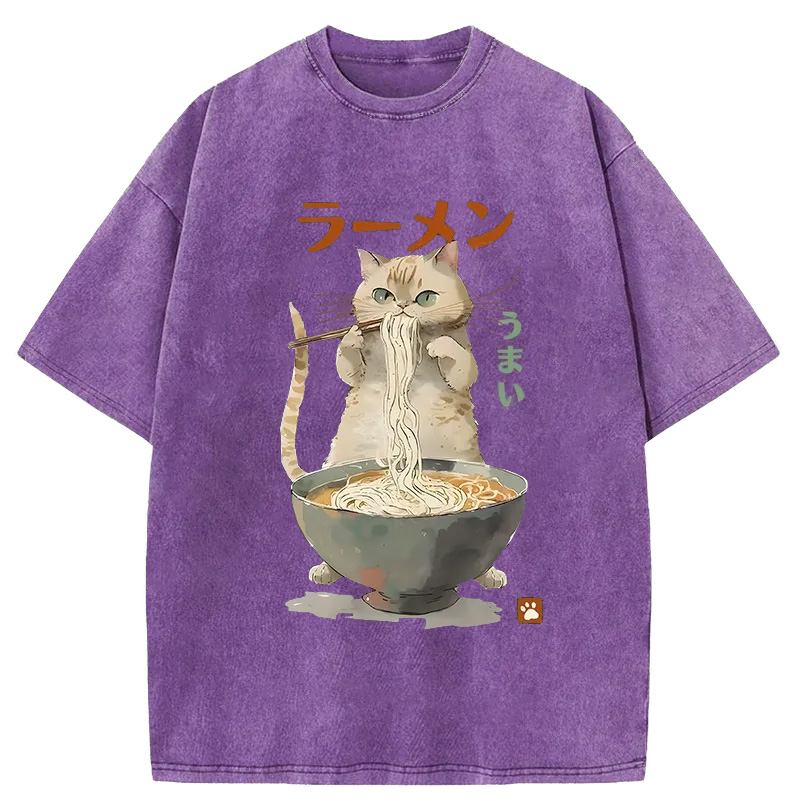 Tokyo-Assassin Cute Cat Eating Yummy Ramen Washed T-Shirt-Tokyo-Assassin