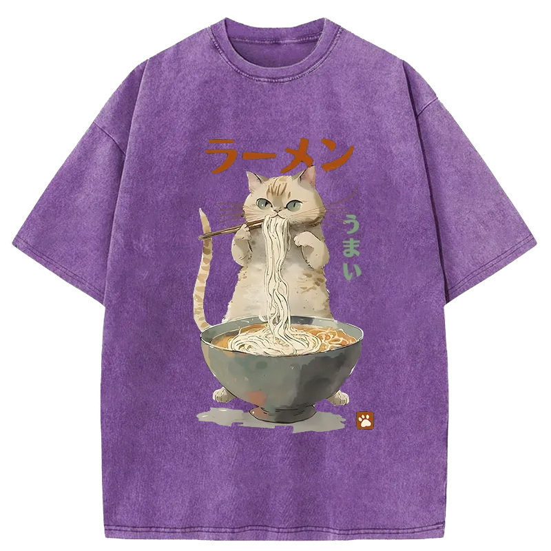 Tokyo-Assassin Cute Cat Eating Yummy Ramen Washed T-Shirt-Tokyo-Assassin