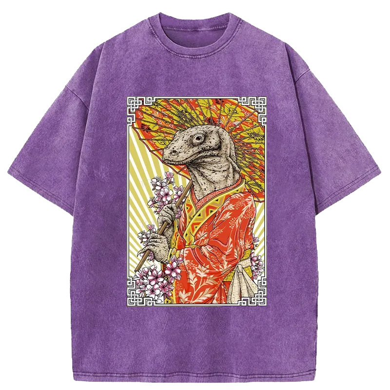 Tokyo-Assassin Elegant Lizard Holding An Umbrella Washed T-Shirt-Tokyo-Assassin