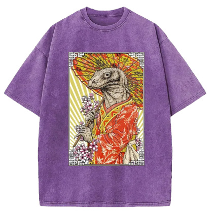Tokyo-Assassin Elegant Lizard Holding An Umbrella Washed T-Shirt-Tokyo-Assassin