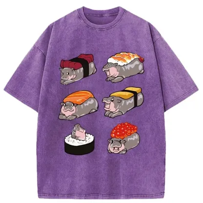 Tokyo-Assassin Cute Hippo Sushi Washed T-Shirt-Tokyo Assassin