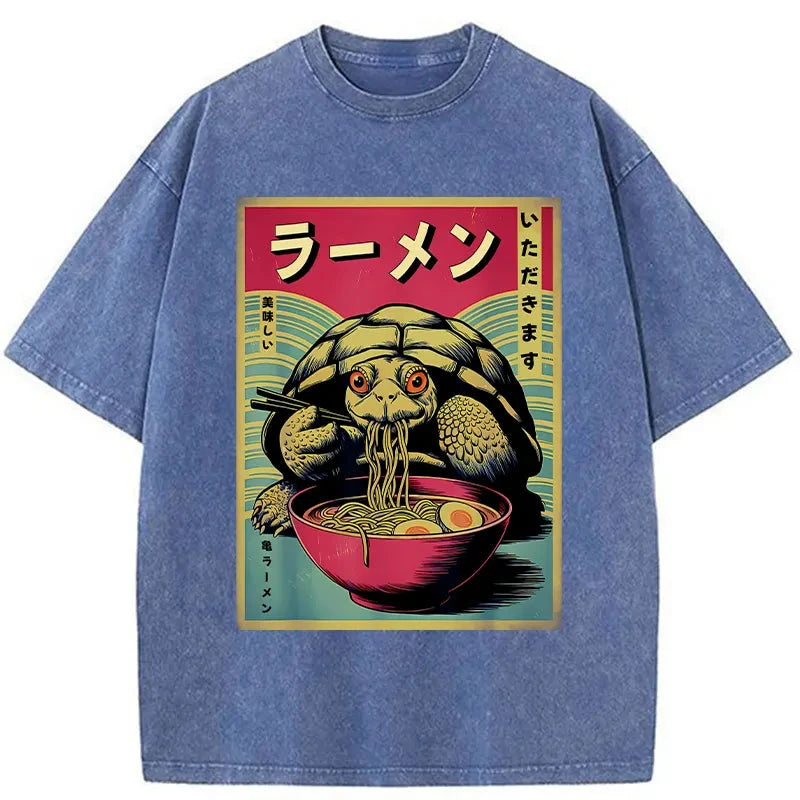 Tokyo-Assassin Turtle Eating Ramen Washed T-Shirt-Tokyo-Assassin