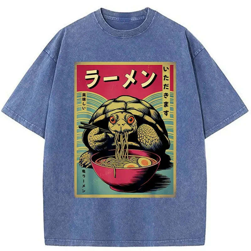 Tokyo-Assassin Turtle Eating Ramen Washed T-Shirt-Tokyo-Assassin
