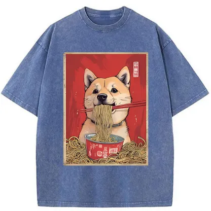 Tokyo-Assassin Shiba Lnu Eating Ramen Washed T-Shirt-Tokyo Assassin