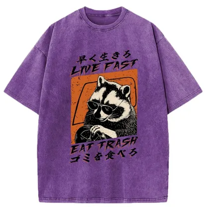 Tokyo-Assassin Raccoon Live Fast Eat Trash Washed T-Shirt-Tokyo-Assassin