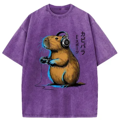 Tokyo-Assassin Capybara Playing E-sports Washed T-Shirt-Tokyo-Assassin