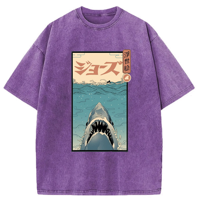 Tokyo-Assassin Great White Shark Japanese Washed T-Shirt-Tokyo-Assassin
