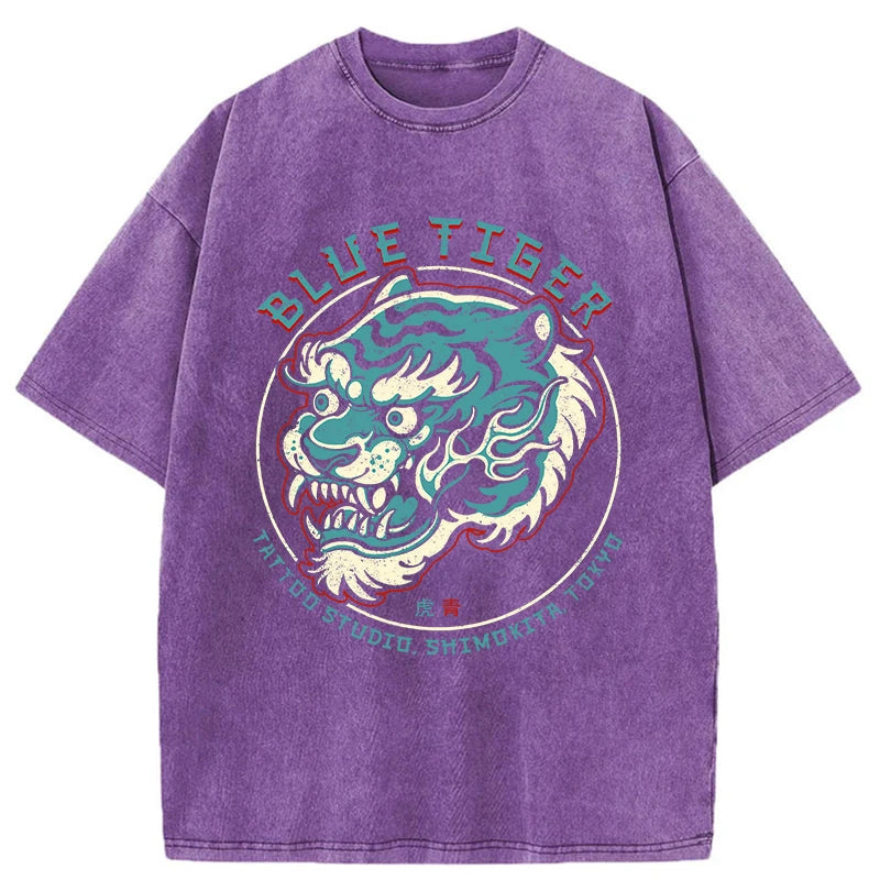 Tokyo-Assassin Blue Tiger Japanese Washed T-Shirt-Tokyo-Assassin