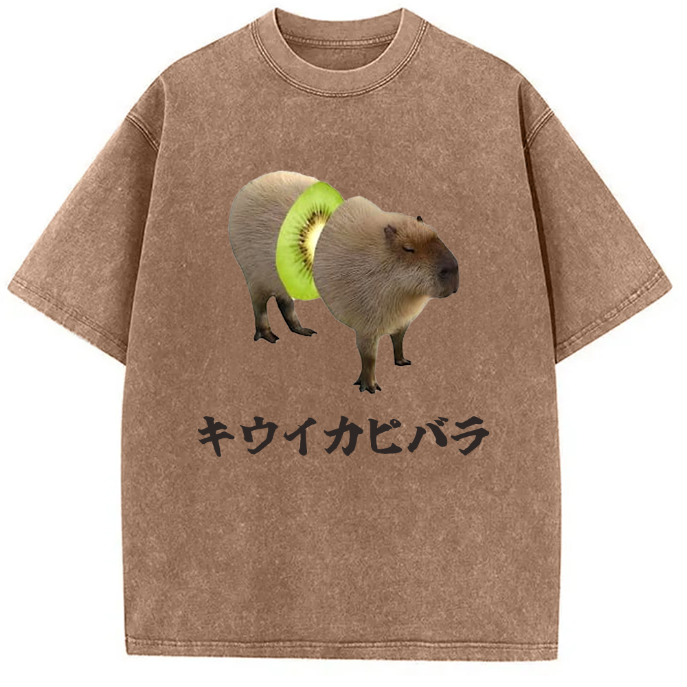 Tokyo-Assassin Kiwi Capybara Funny Meme Washed T-Shirt-Tokyo-Assassin