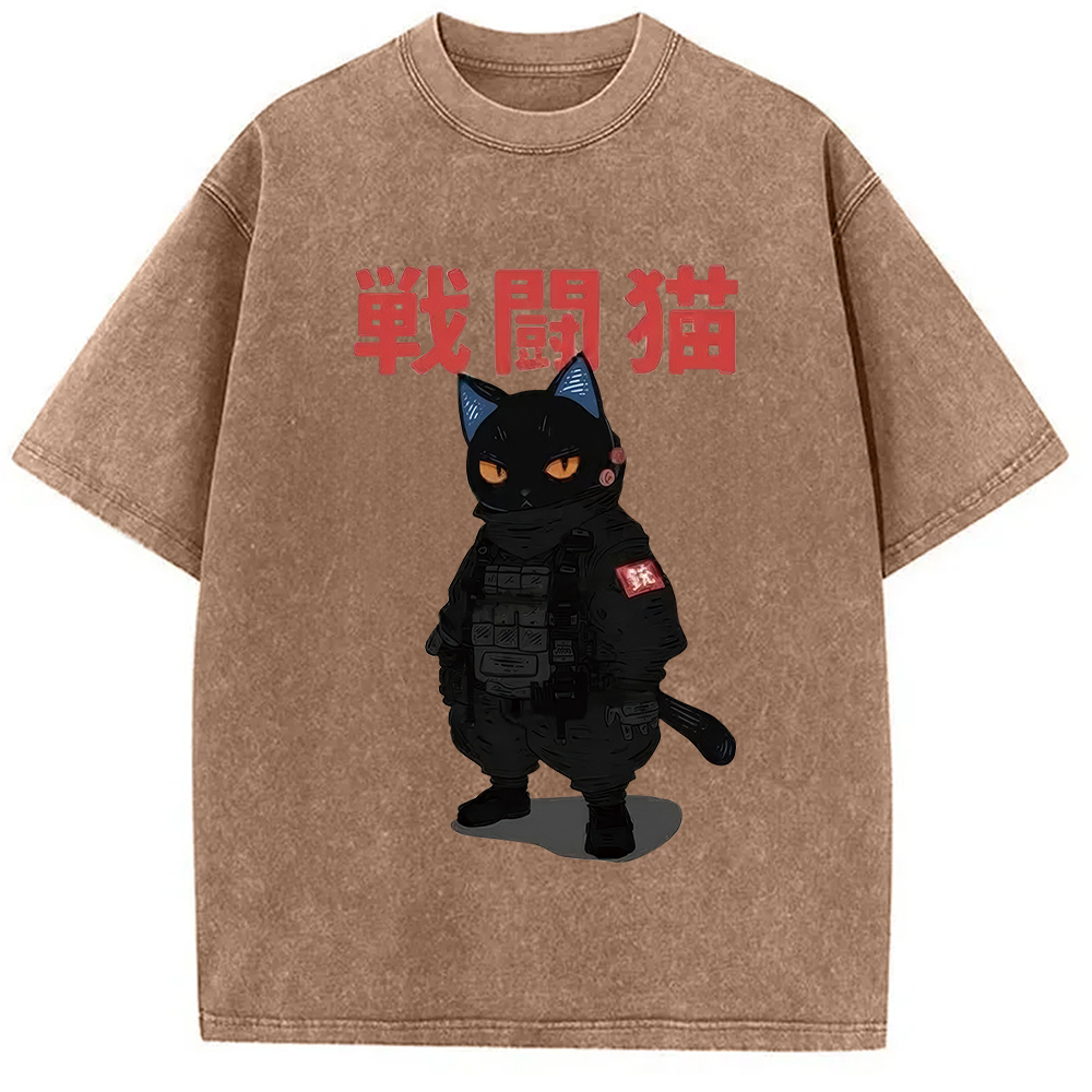 Tokyo-Assassin Fighting Cat Washed T-Shirt-Tokyo-Assassin