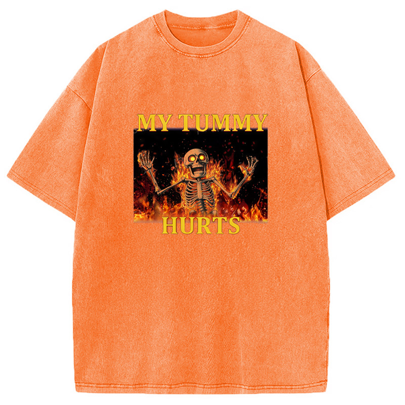 Tokyo-Assassin Skeleton Tummy Hurts Washed T-Shirt-Tokyo-Assassin