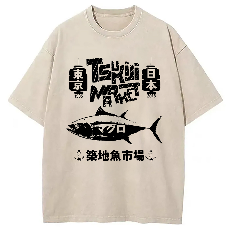 Tokyo-Assassin Retro Tsukiji Fish Market Washed T-Shirt-Tokyo-Assassin