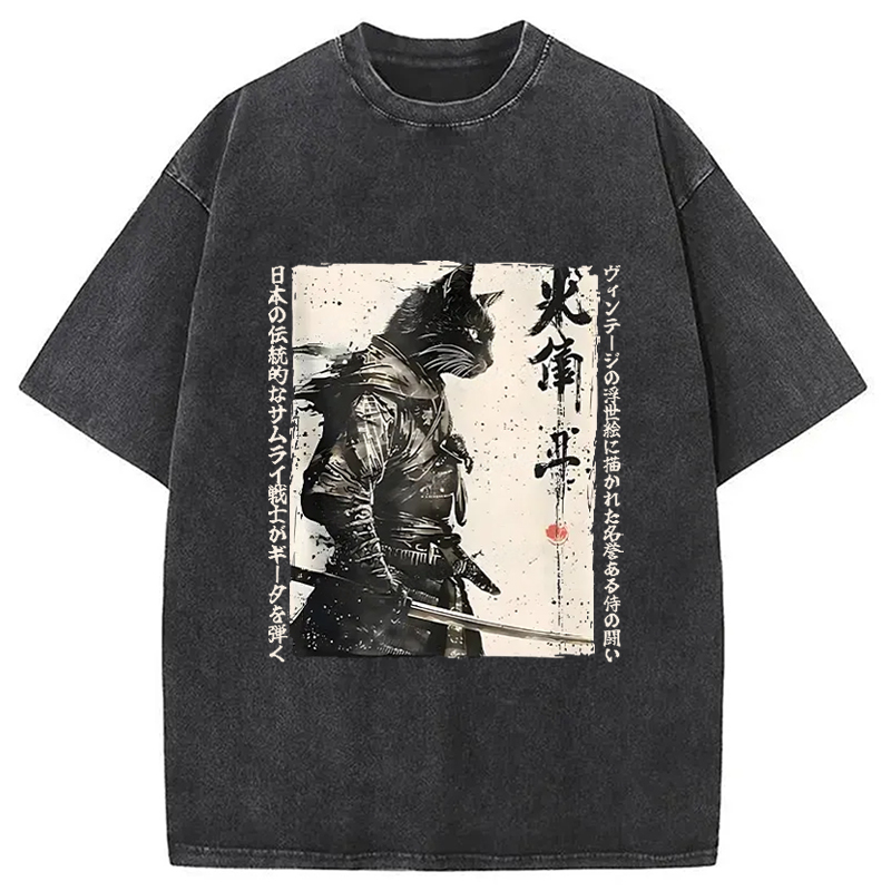 Tokyo-Assassin Cat Samurai Retro Washed T-Shirt-Tokyo-Assassin