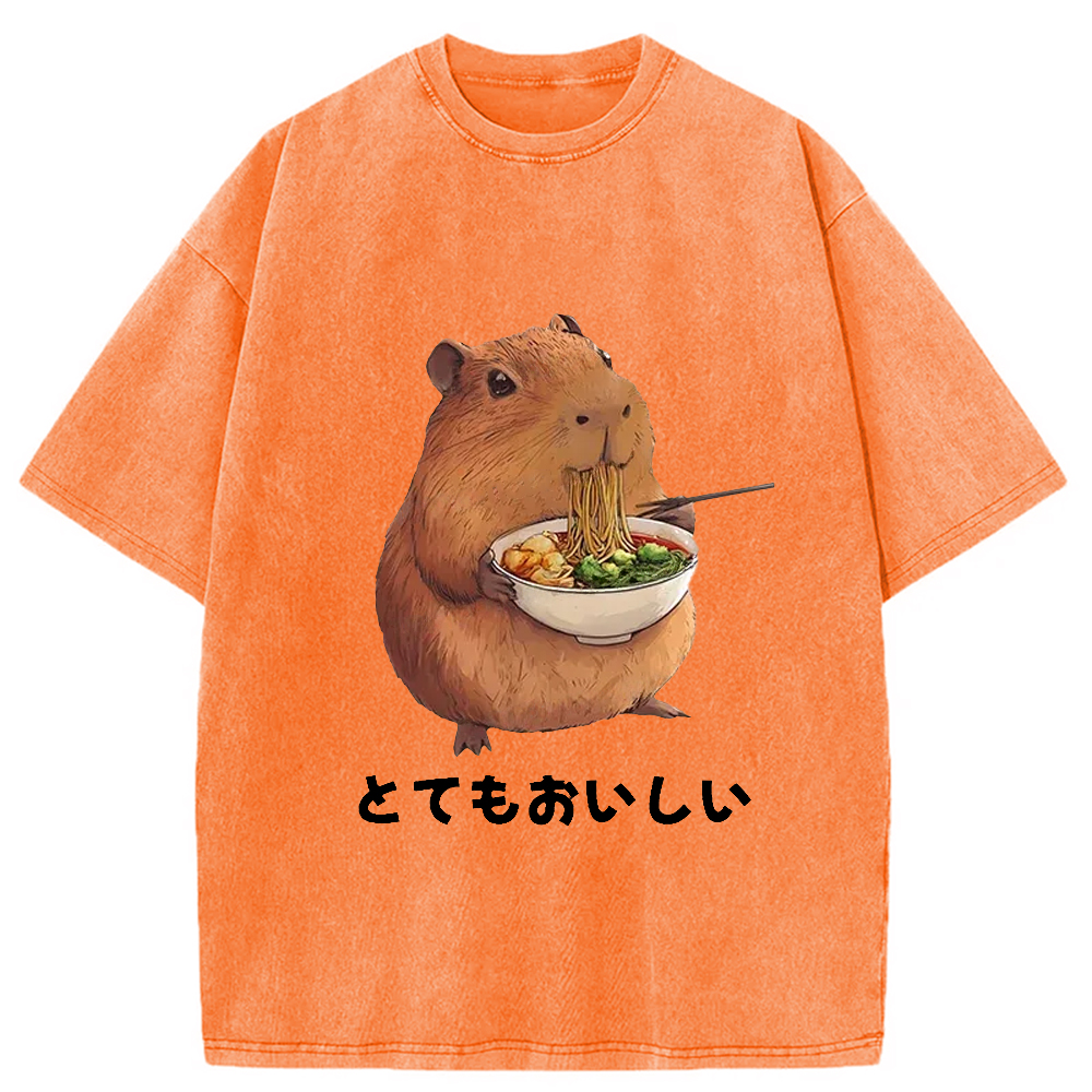 Tokyo-Assassin Capybara Eating Japanese Ramen Washed T-Shirt-Tokyo-Assassin