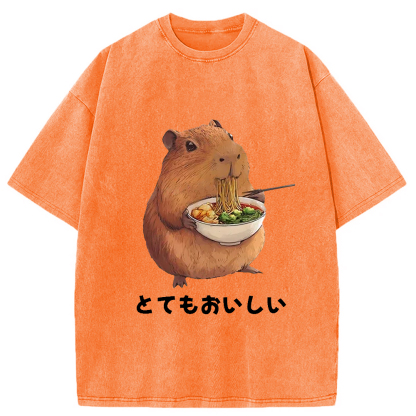 Tokyo-Assassin Capybara Eating Japanese Ramen Washed T-Shirt-Tokyo-Assassin
