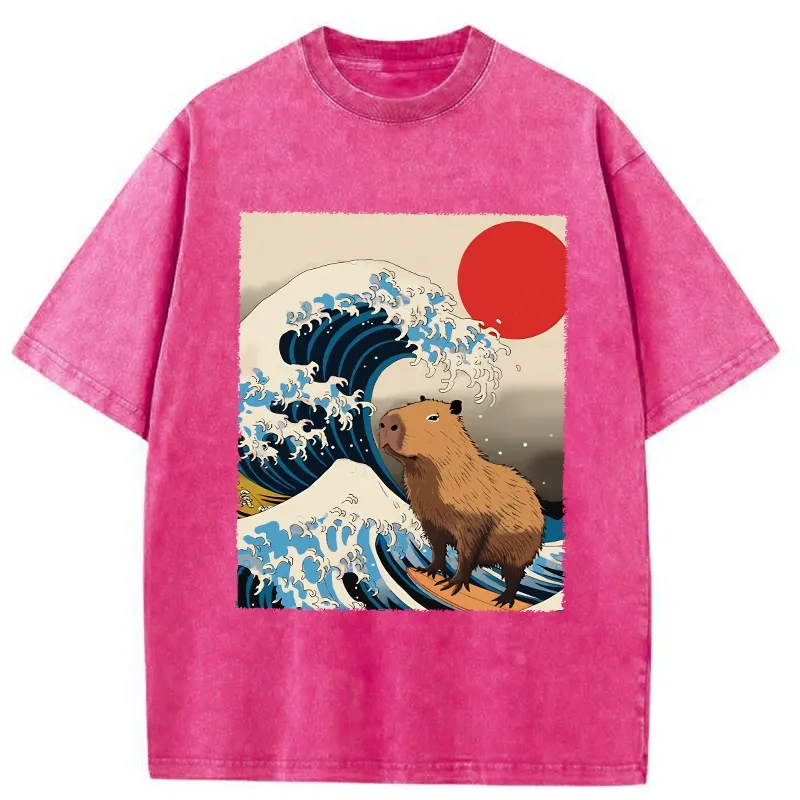 Tokyo-Assassin Funny Capybara Surfing Washed T-Shirt-Tokyo-Assassin
