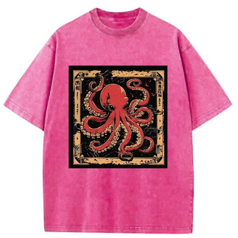 Tokyo-Assassin Retro Japanese Octopus Washed T-Shirt-Tokyo-Assassin