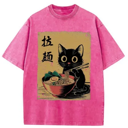 Tokyo-Assassin Retro Black Cat Eating Ramen Washed T-Shirt-Tokyo-Assassin