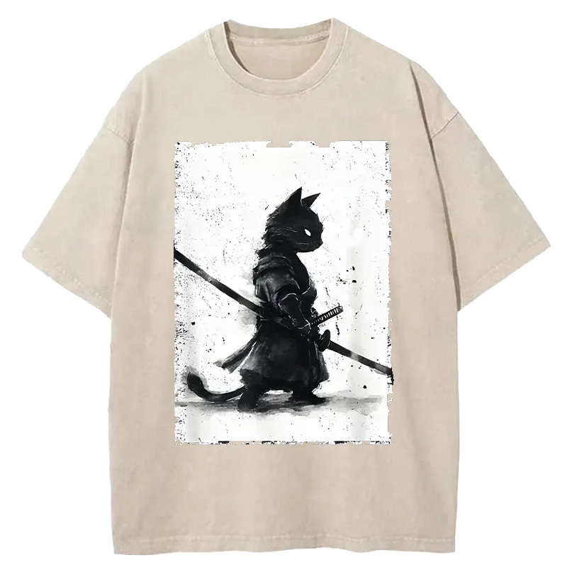 Tokyo-Assassin Retro Cat Samurai Japanese Washed T-Shirt-Tokyo-Assassin