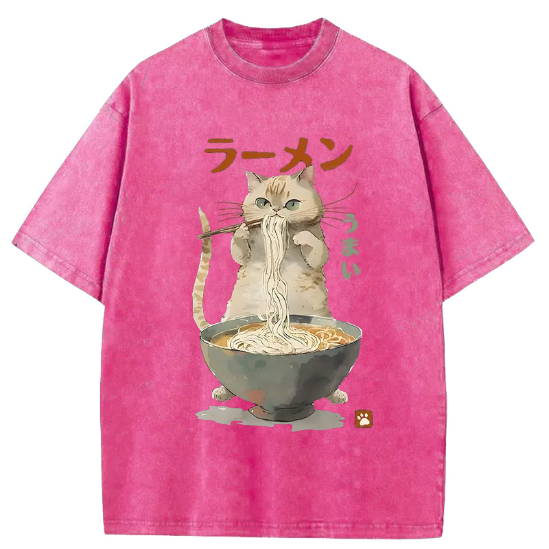 Tokyo-Assassin Cute Cat Eating Yummy Ramen Washed T-Shirt-Tokyo-Assassin