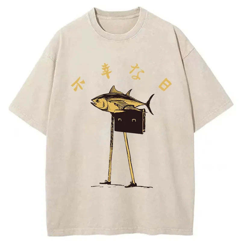 Tokyo-Assassin Unlucky Fish Japanese Washed T-Shirt-Tokyo-Assassin