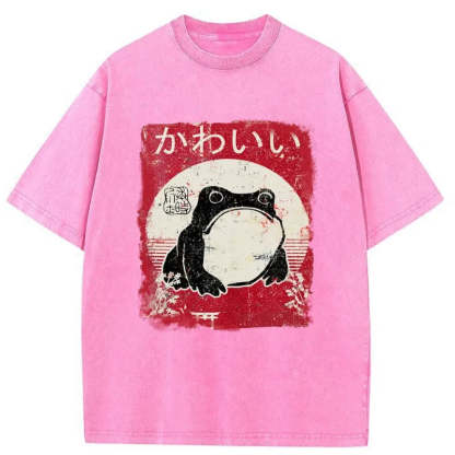 Tokyo-Assassin Woodblock Print Grumpy Frog Washed T-Shirt-Tokyo-Assassin